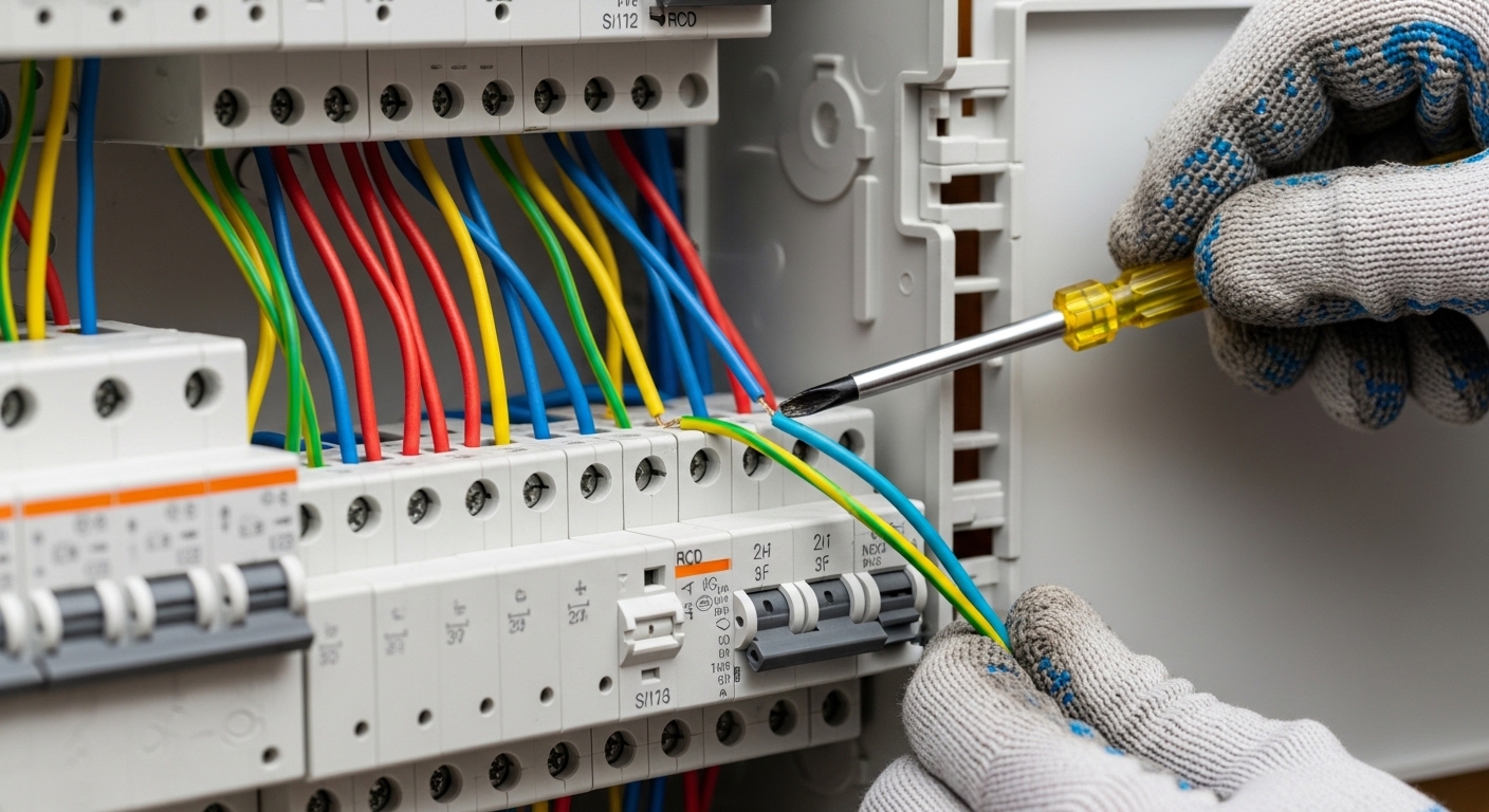 Qualified Doncaster electrician wiring a modern consumer unit with clean, organised cabling